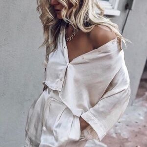 Zara Satin Cream button down crop shirt top blouse Sz XL New